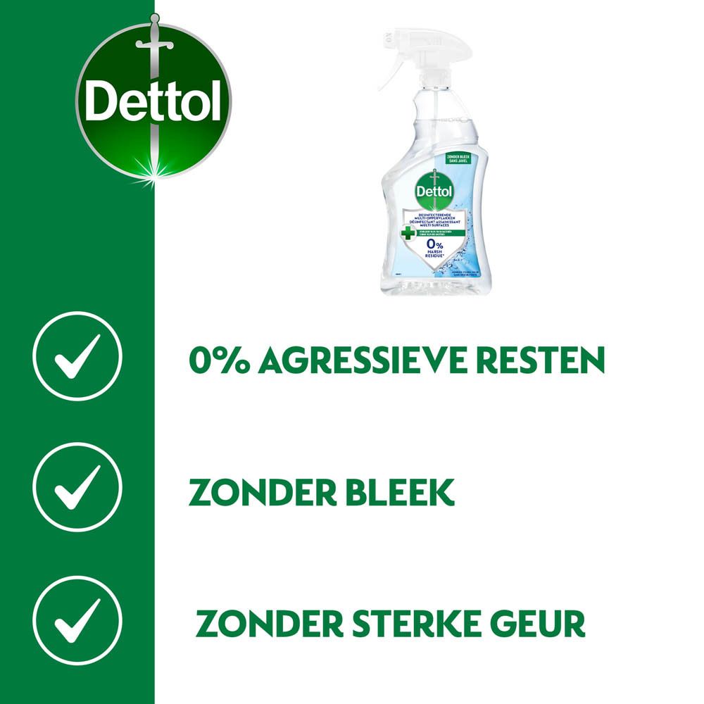 Product en tekst op groene achtergrond. Logo en productnaam. Opschrift: 0% agressieve resten, zonder bleekmiddel, zonder sterke geur.