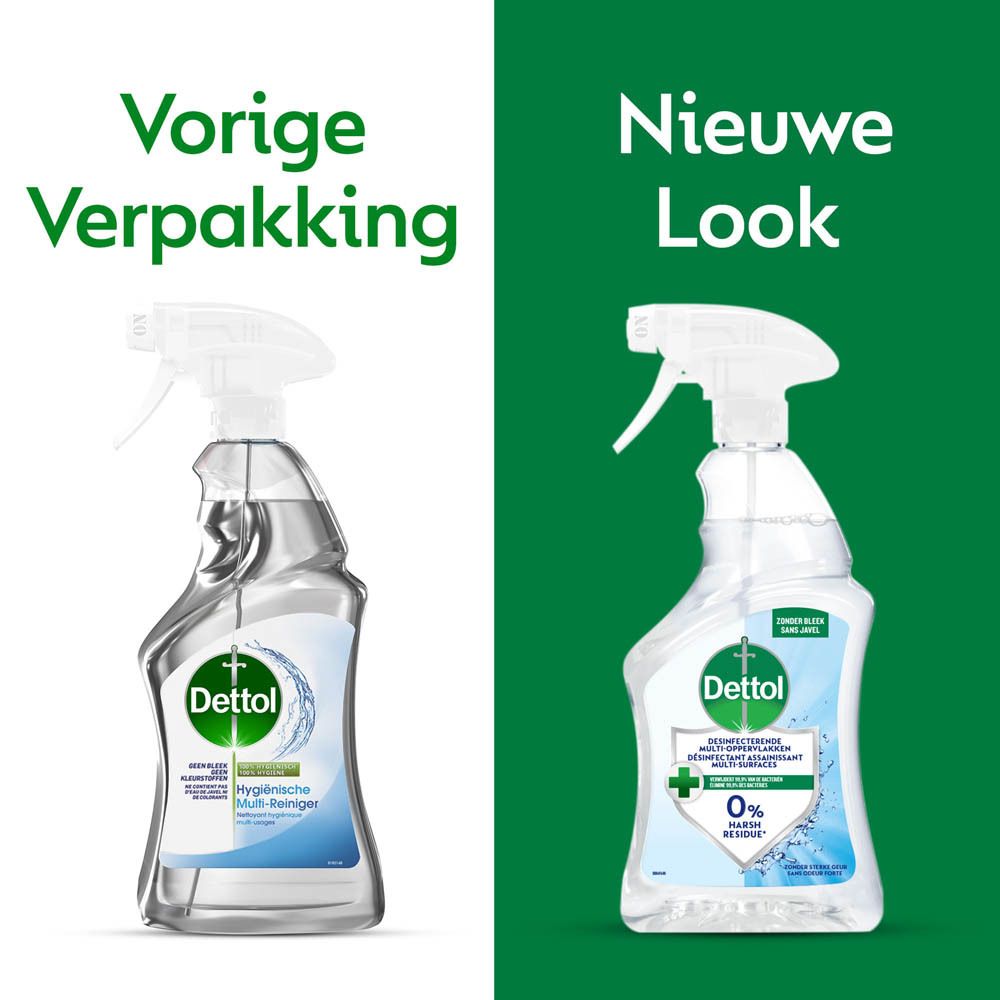 Vergelijking van twee spuitflessen. Links: oude verpakking. Rechts: nieuwe verpakking. Logo en productnaam zichtbaar.