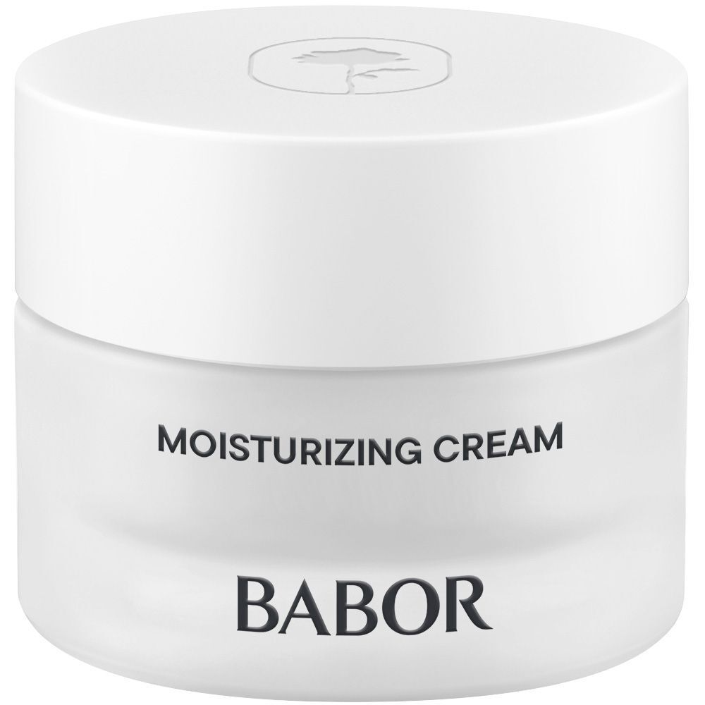 Crèmepot met deksel. Opschrift MOISTURIZING CREAM en BABOR. Witte pot.