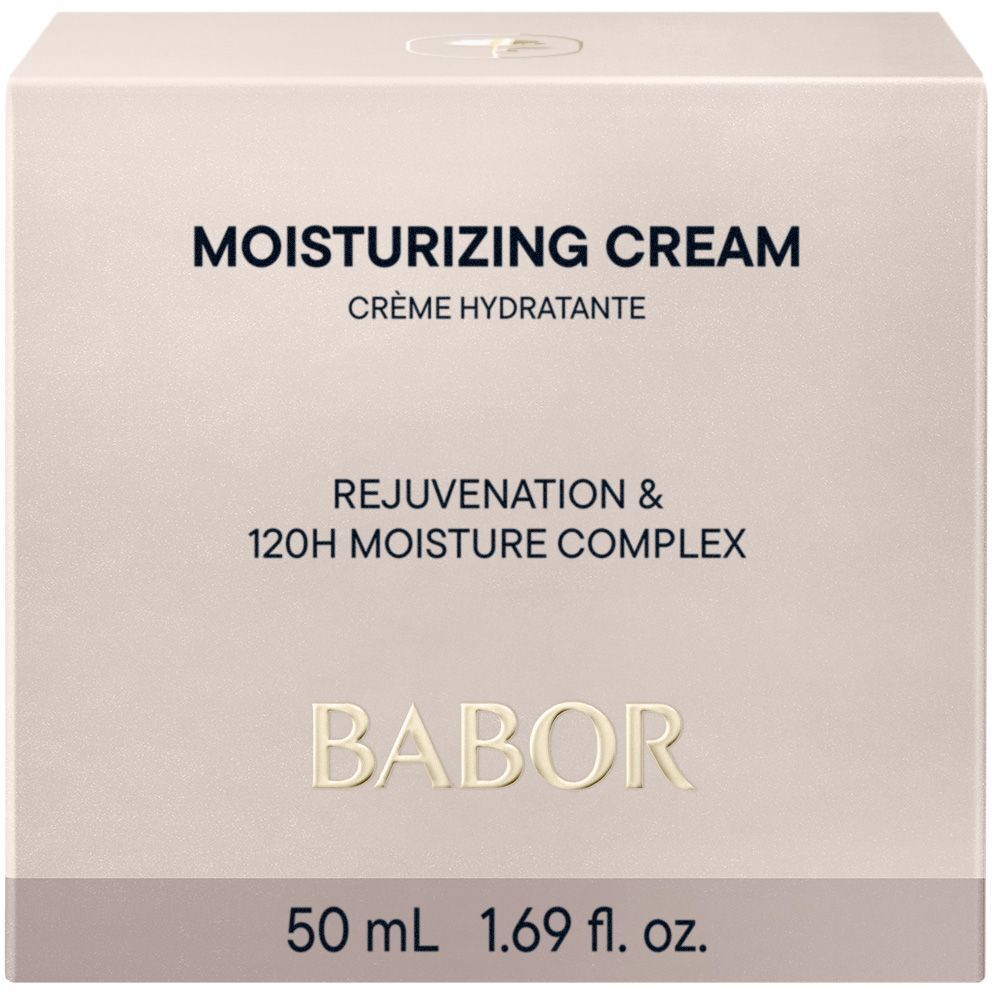 Crèmepot met deksel. Opschrift MOISTURIZING CREAM en BABOR. Witte pot.
