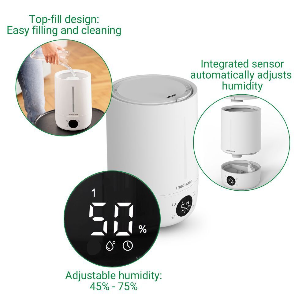 Humidificateur blanc avec affichage numérique. Fonctions : conception à remplissage par le haut, capteur intégré, humidité réglable.