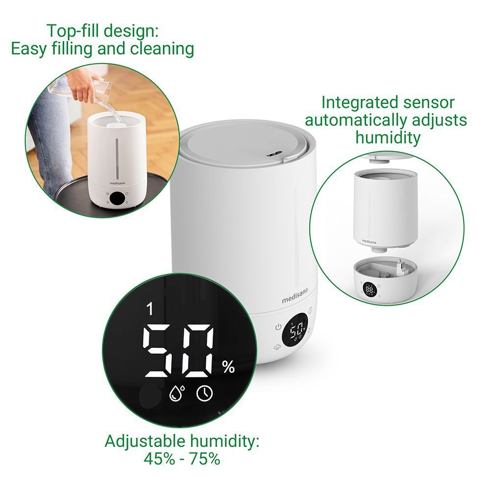 Humidificateur blanc avec affichage numérique. Fonctions : conception à remplissage par le haut, capteur intégré, humidité réglable.