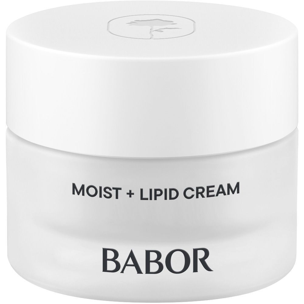 Crèmepot met witte deksel. Opschrift BABOR MOIST + LIPID CREAM.