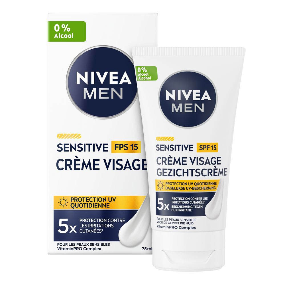 Witte doos en tube. NIVEA MEN Sensitive. Gezichtscrème. 0% alcohol. Dagelijkse UV-bescherming. 75 ml.