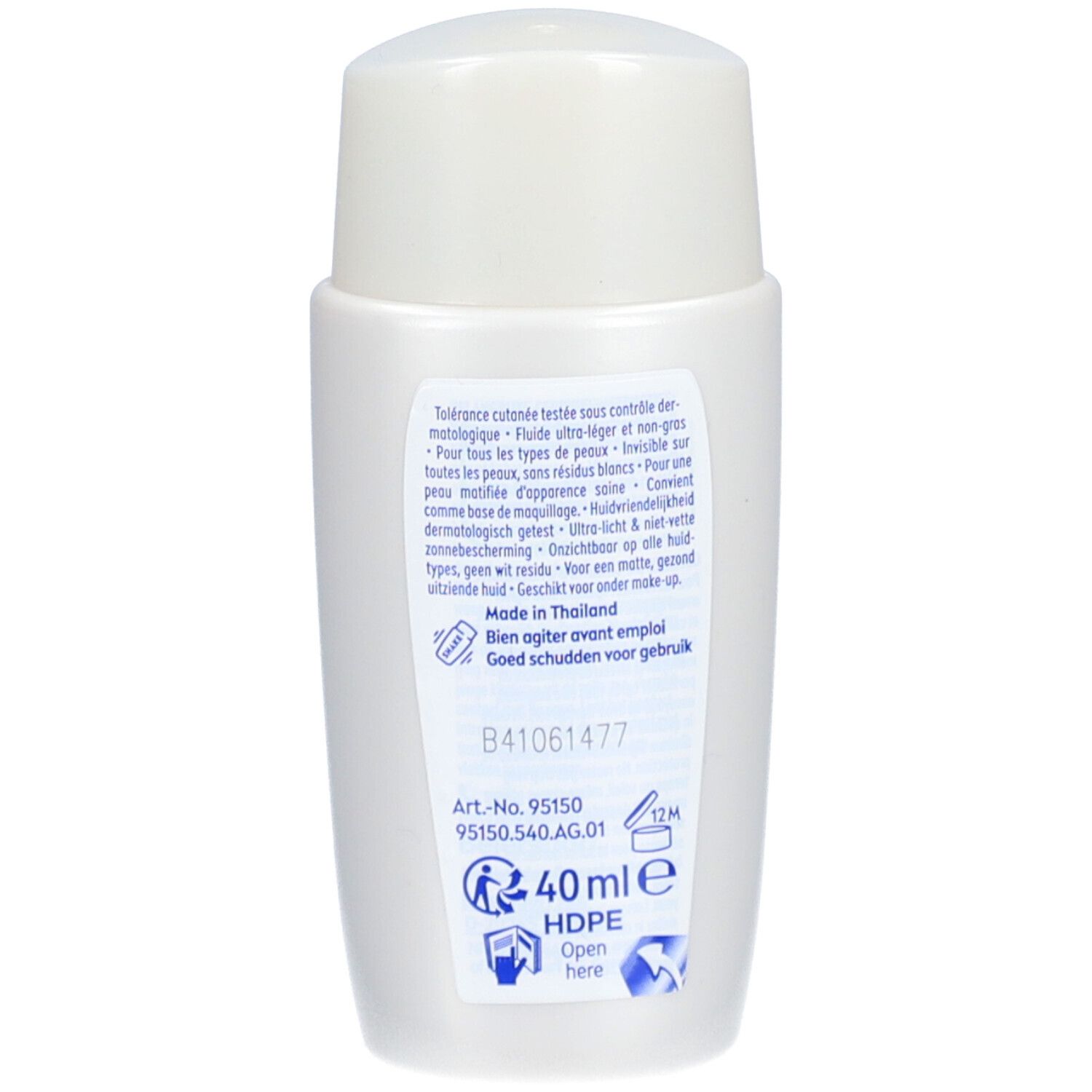 Achterkant van de witte fles. Tekst: Dermatologisch geteste tolerantie. 40ml. Gemaakt in Thailand.