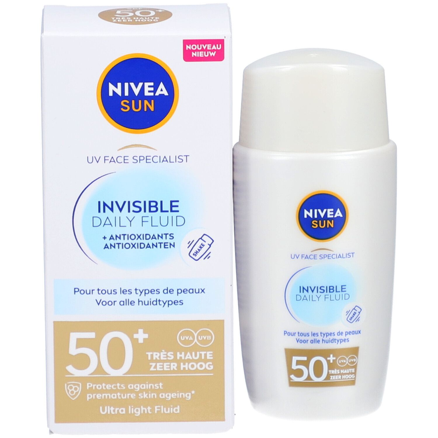 Witte fles en verpakking. Opschrift: NIVEA SUN, Invisible Daily Fluid, SPF 50+. Met verpakking.