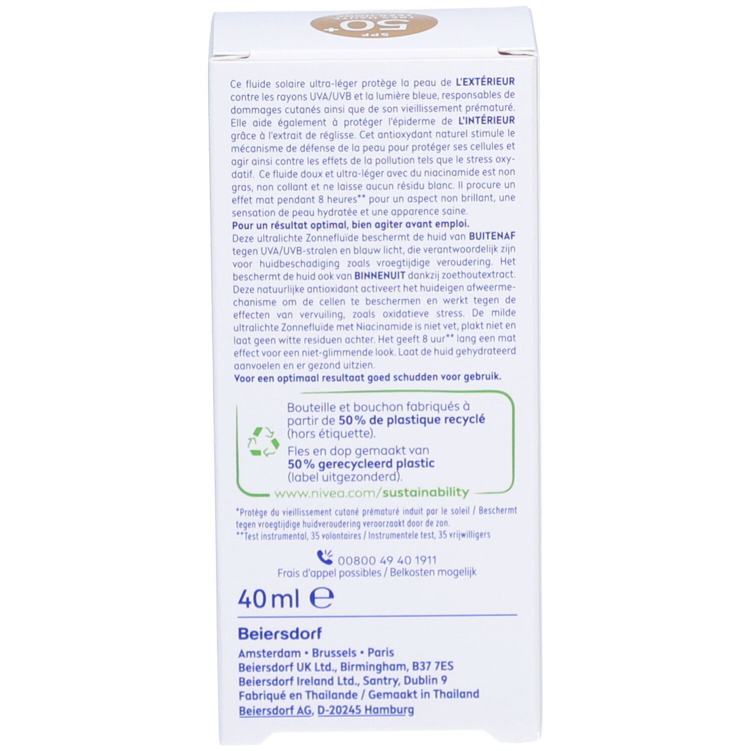 Verpakking. Tekst: 40ml. Fles van 50% gerecycled plastic. Duurzaamheid.