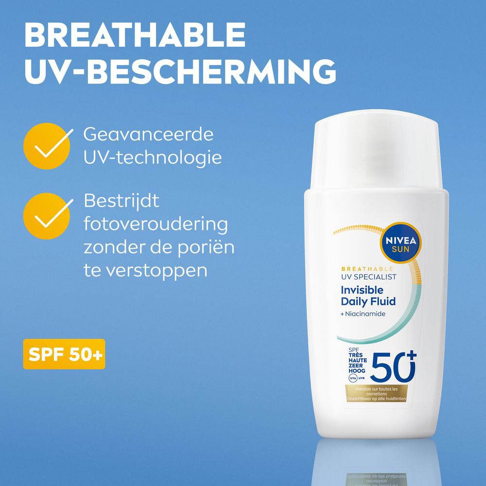 Fles met tekst: Breathable UV-bescherming. Bestrijdt fotoveroudering. SPF 50+.