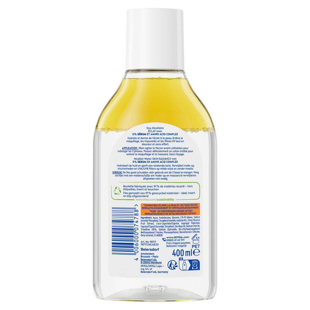 Dos de la bouteille Nivea Skin Radiance Eau Micellaire avec informations produit et code-barres. 400ml.
