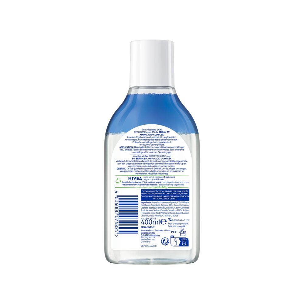 Achterkant van de Nivea Skin Recharge Eau Micellaire fles. Bevat tekst en barcode. 400ml.