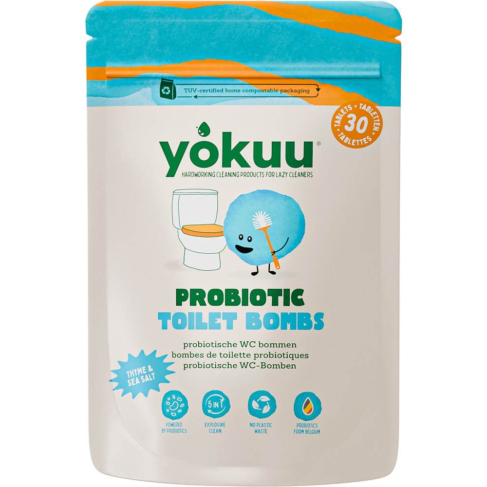 Verpakking met YOKUU Probiotische Toiletbomben 3-in-1. Tijm & Zeezout. 30 tabletten. Composteerbare verpakking.