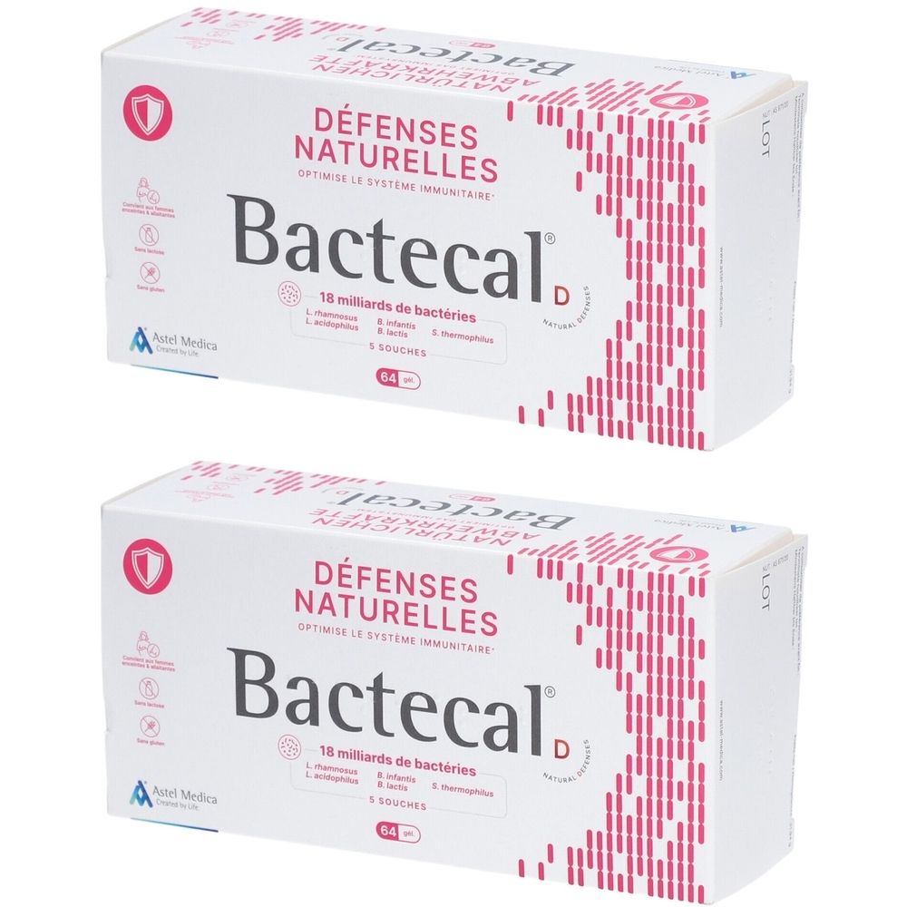 Twee witte dozen met roze accenten. Opschrift: Bactecal D, Défenses Naturelles. 18 miljard bacteriën.