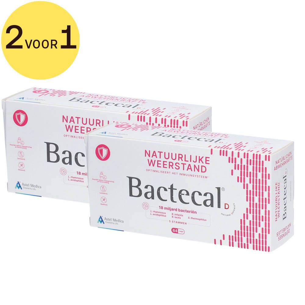 Twee witte dozen met roze accenten. Opschrift: Bactecal D, Natuurlijke Weerstand. 2 voor 1.