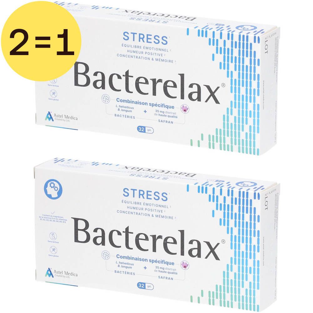 Deux boîtes de Bacterelax Stress, blanches avec graphiques bleus et nom du produit. Étiquette jaune "2=1".