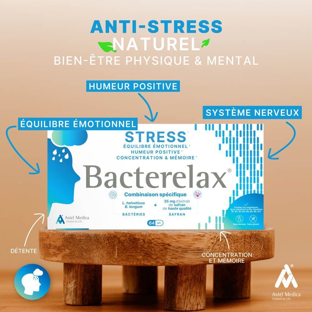 Homme tenant une boîte de Bacterelax Stress, avec un smartphone, texte 'Découvrez Bacterelax'.