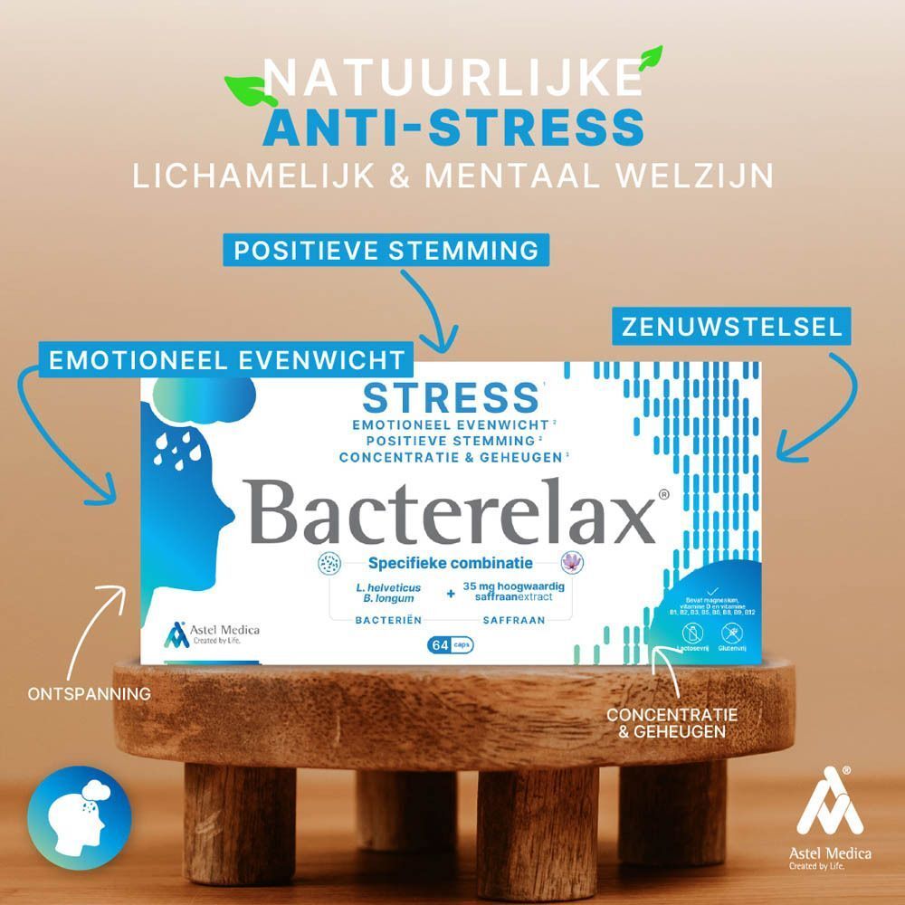 Man met verpakking Bacterelax Stress, houdt smartphone vast, met tekst 'Ontdek Bacterelax'.