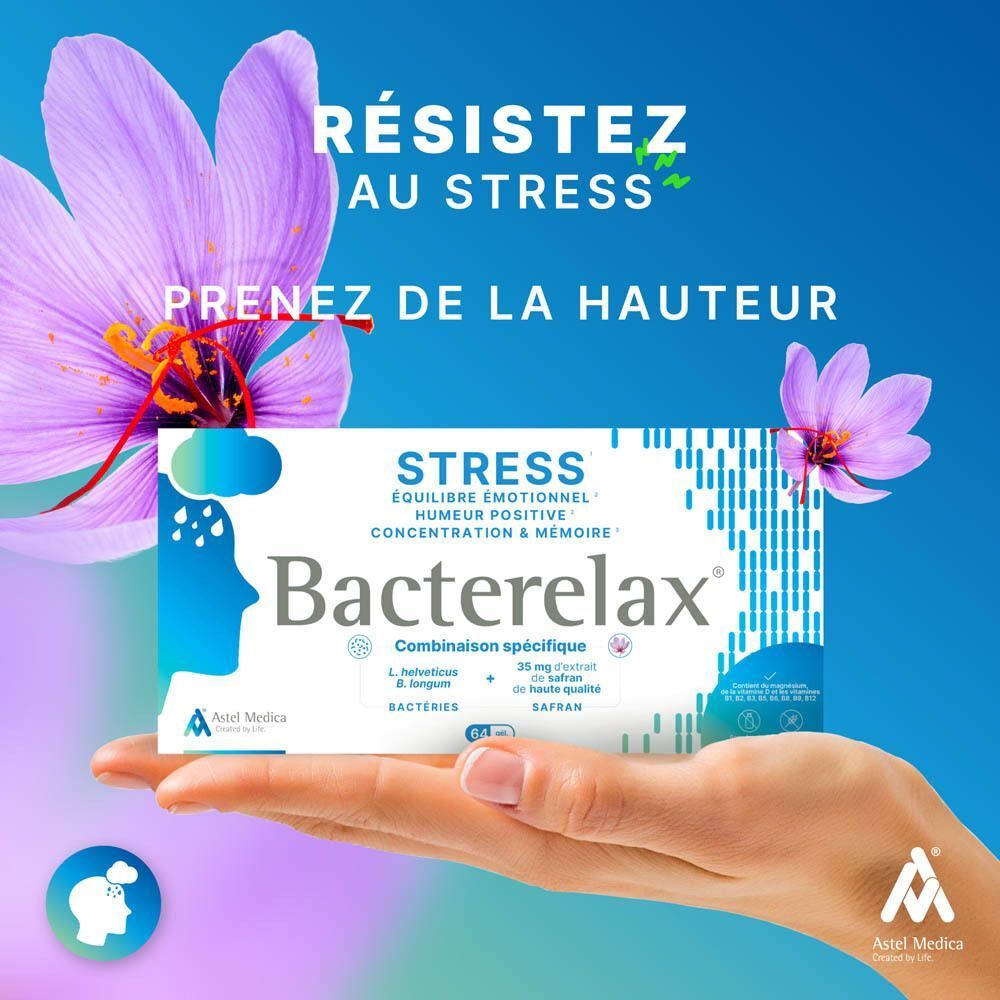Boîte de Bacterelax Stress sur un support en bois, avec des flèches indiquant l'équilibre émotionnel et la concentration.
