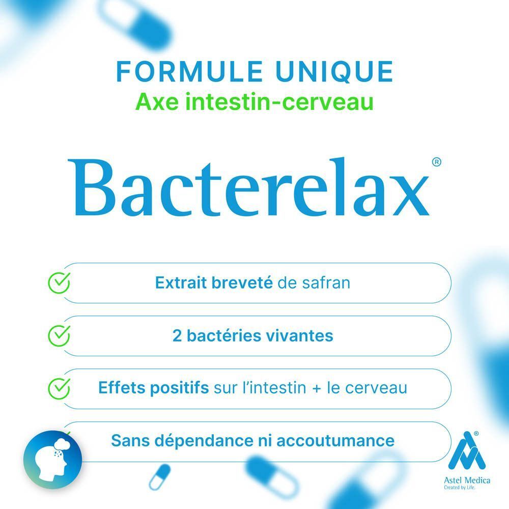 Main tenant une boîte de Bacterelax Stress, avec une fleur de safran et le texte 'Résistez au stress'.