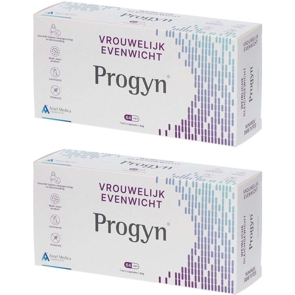 Deux boîtes Progyn, blanches avec des accents bleus. Inscription : Vrouwelijk Evenwicht. Logo Avet Medica.