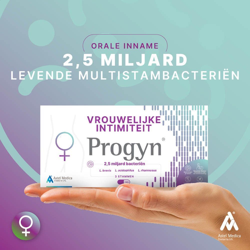 Verpakking van 'Progyn' intieme probiotica met 2,5 miljard bacteriën per capsule.