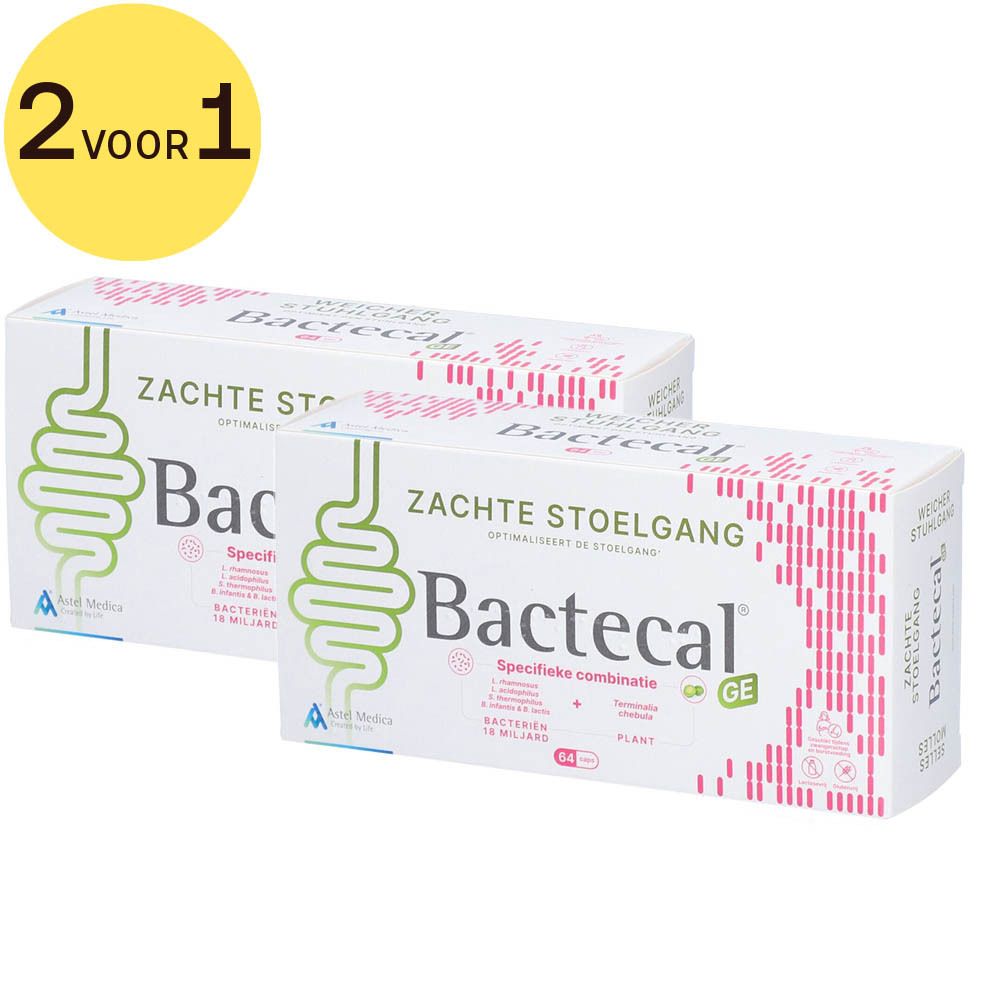 Twee verpakkingen Bactecal GE, met gele cirkel '2 voor 1'. Witte dozen met groene darm illustratie en roze patroon.