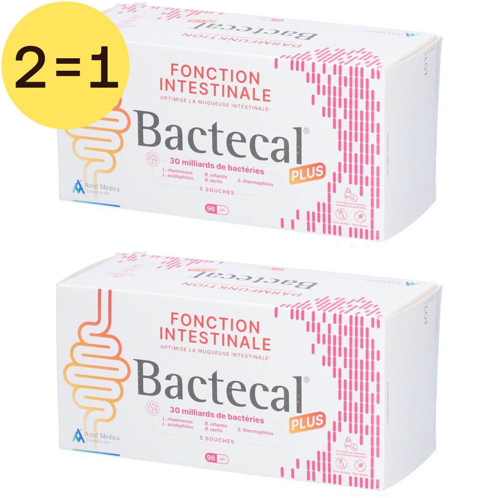 Twee dozen Bactecal® Plus. Witte dozen met productnaam en illustratie van darmfunctie. Gele sticker: 2=1.