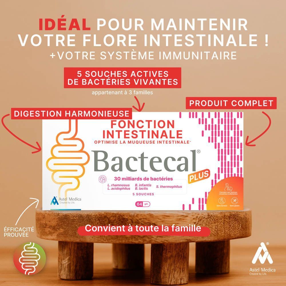 Famille à table, boîte Bactecal Plus au premier plan, texte sur la fonction intestinale.