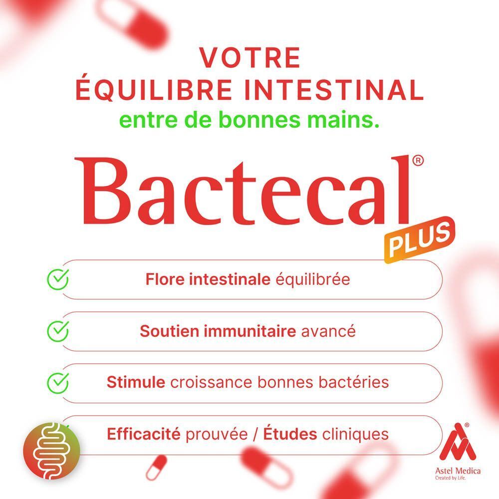 Main tenant une boîte Bactecal Plus, texte sur 30 milliards de bactéries vivantes.