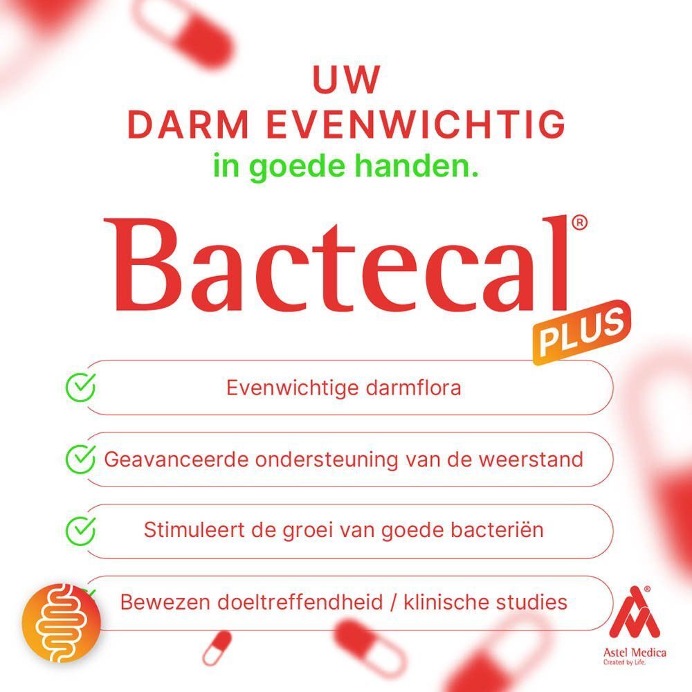 Hand die een Bactecal Plus verpakking vasthoudt, tekst over 30 miljard levende bacteriën.