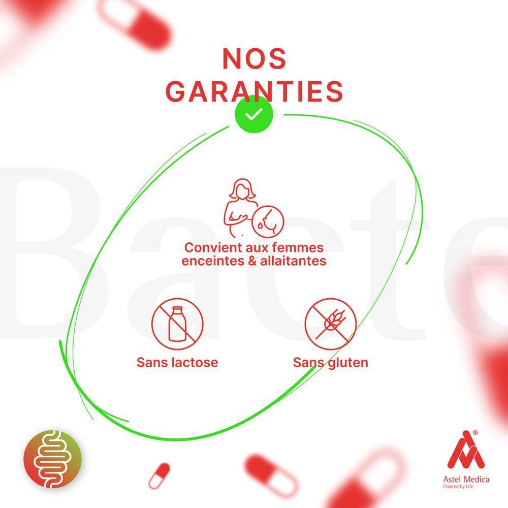 Liste des avantages de Bactecal Plus : flore intestinale équilibrée, soutien immunitaire, croissance bactérienne.