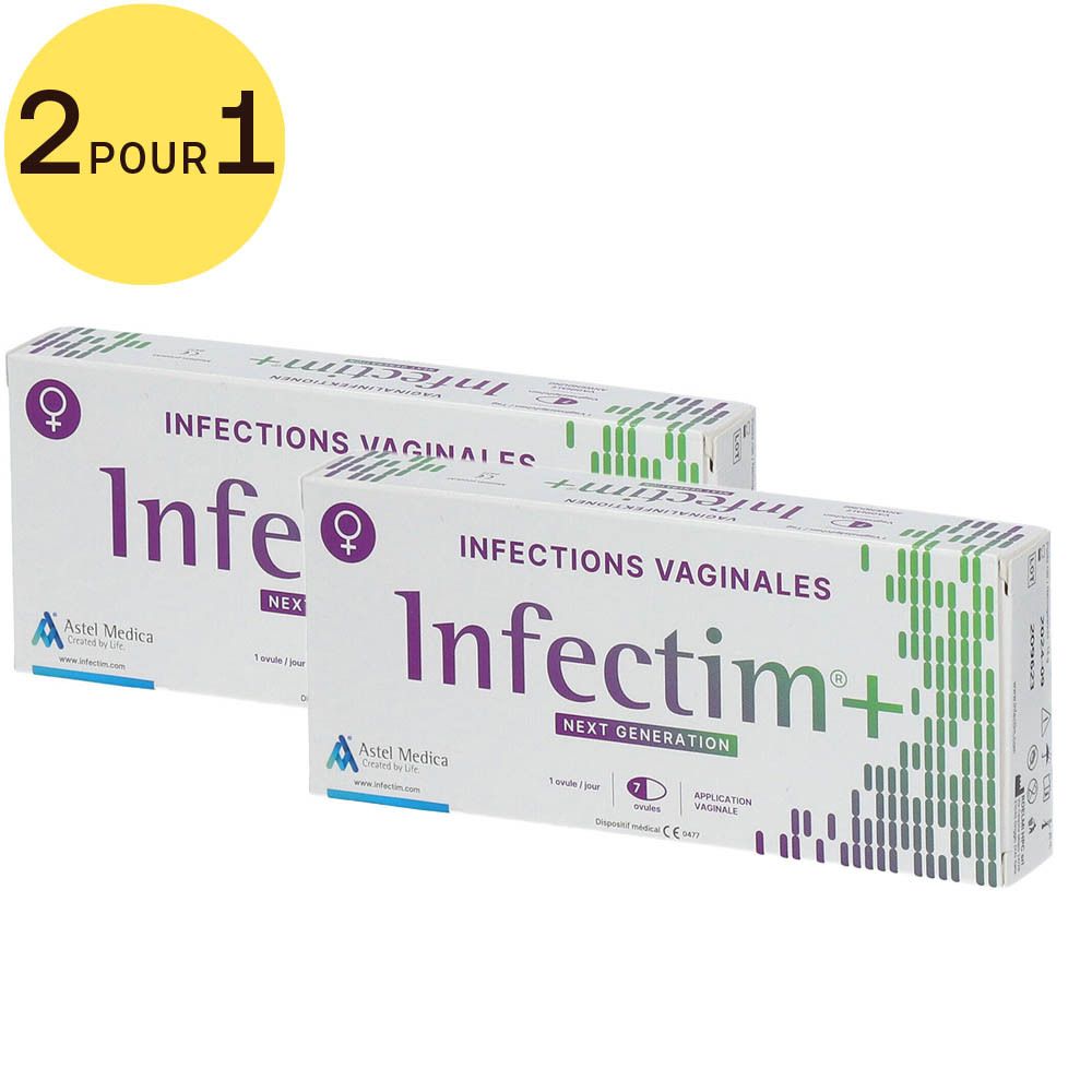 Deux boîtes Infectim+ avec l'inscription "Infections vaginales". Cercle jaune avec "2 pour 1".