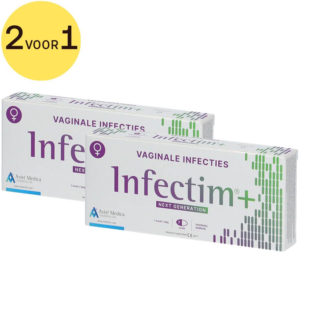 Twee dozen Infectim+ met opschrift "Vaginale infecties". Gele cirkel met "2 voor 1".