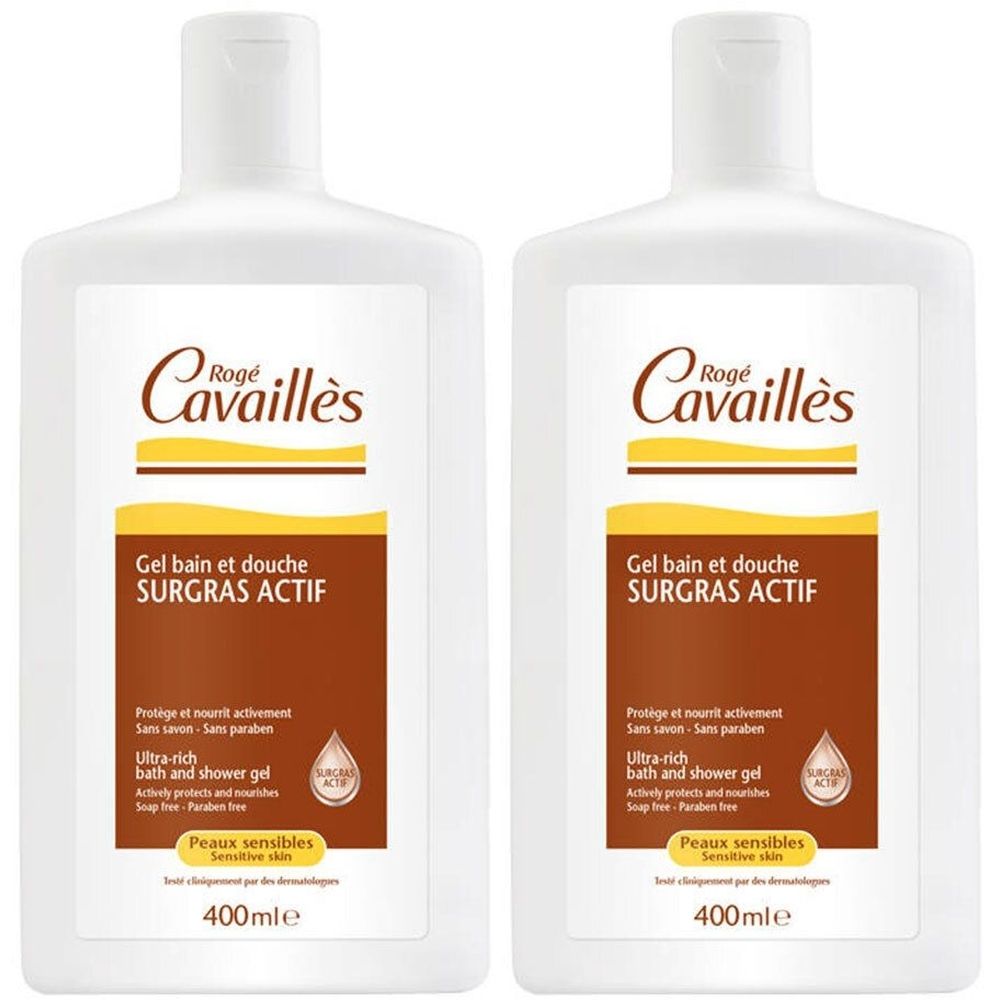 Twee flessen Rogé Cavaillès Gel Bain & Douche. Wit, bruine etiketten met tekst. Opschrift: SURGRAS ACTIF, 400ml.