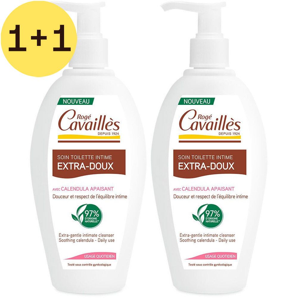 Twee flessen intieme waslotion met pomp. Roze etiket met tekst. Gele cirkel met "2 VOOR 1". 