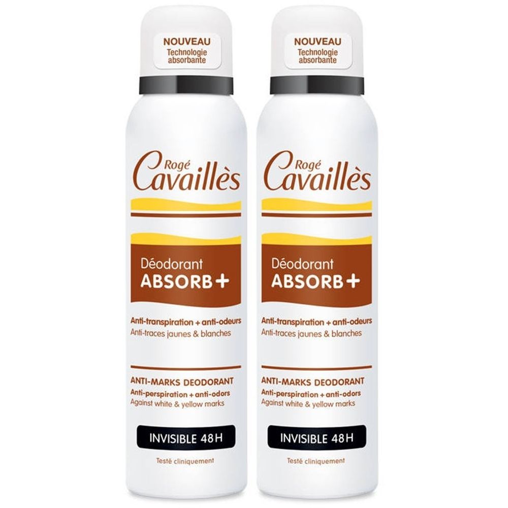 Twee witte deodorant sprays. Bruine en gele accenten. Tekst: Rogé Cavaillès, Déodorant Absorb+, Invisible 48H. Anti-transpiration + anti-odeurs.
