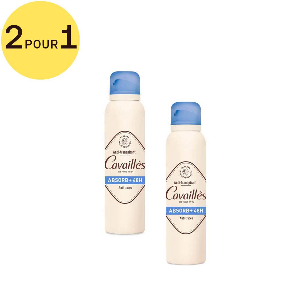 Deux sprays déodorants blancs avec bouchons bleus. Cercle jaune avec texte: 2 POUR 1. Texte: Cavaillès, Absorb+ 48H, Anti-traces.