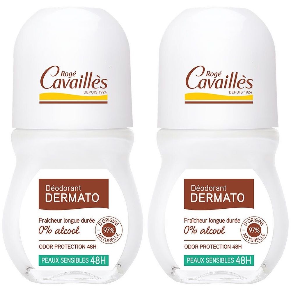 Deux déodorants roll-on. Flacon blanc, bouchon blanc. Inscriptions: Rogé Cavaillès, Déodorant Dermato, 0% alcool, 97% naturelle, Peaux sensibles 48H.