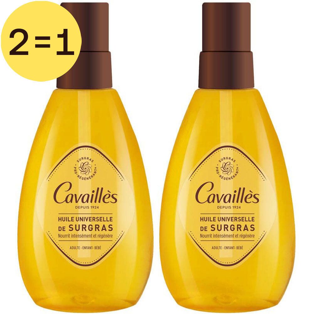 Deux flacons jaunes avec bouchons marron. Inscription : Cavaillès, Huile Universelle de Surgras. Autocollant jaune : 2=1.