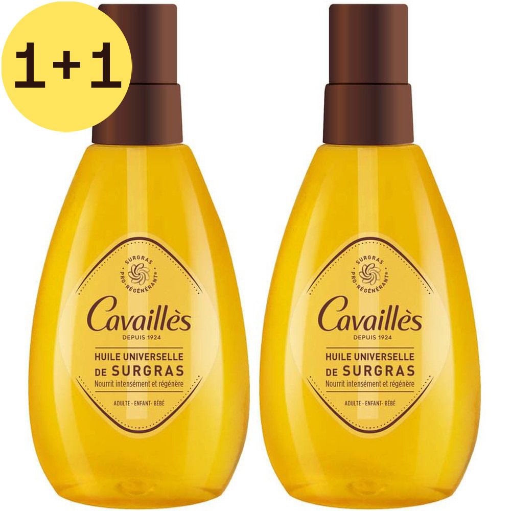Twee gele flessen met bruine doppen. Opschrift: Cavaillès, Huile Universelle de Surgras. Gele sticker: 2=1.