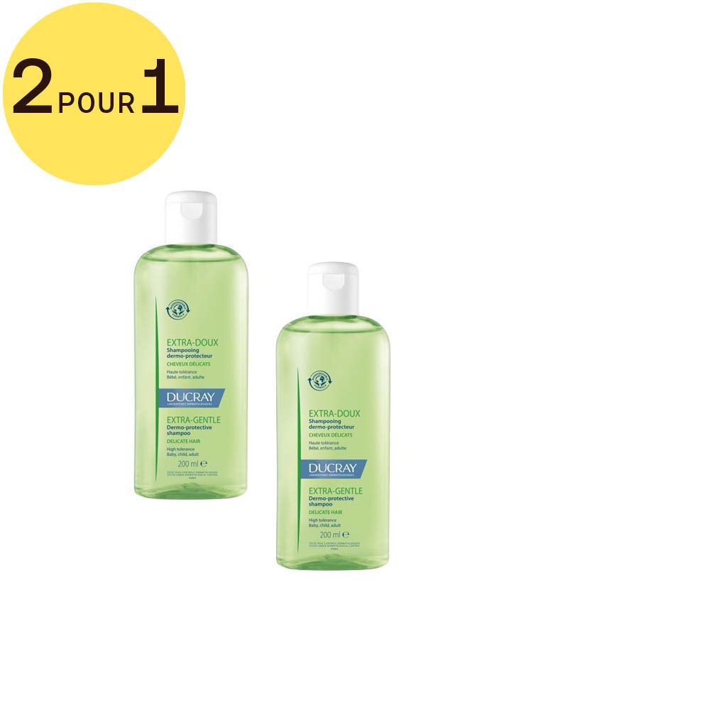 Deux flacons de shampooing, liquide verdâtre, bouchon blanc. Inscription: Extra-Doux, Ducray.