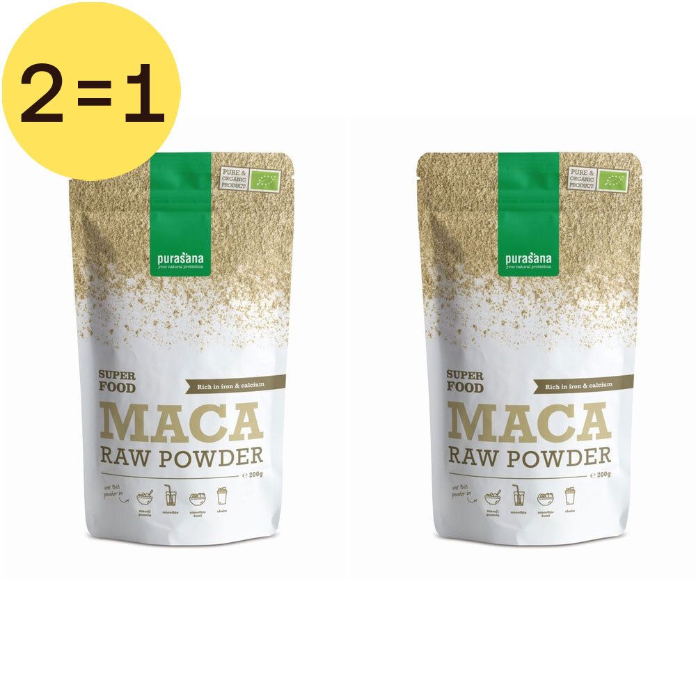 Twee zakken Maca poeder, Superfood, rauw poeder. Opschrift: 2=1. Bio-keurmerk.