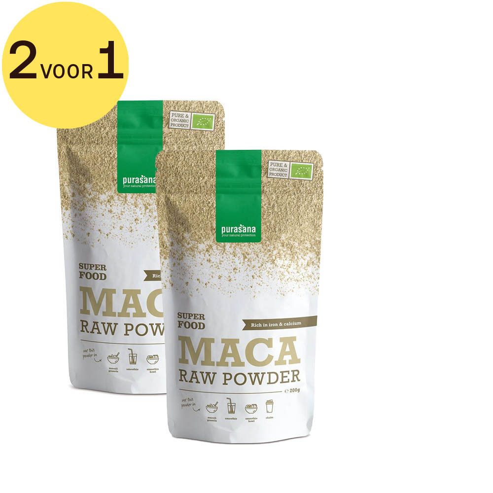 Twee zakken Maca poeder, Superfood, rauw poeder. Opschrift: 2 voor 1. Bio-keurmerk.