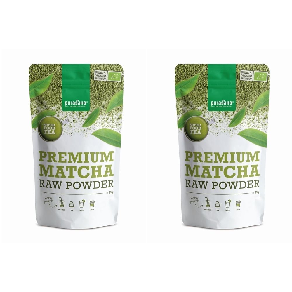 Deux sachets de poudre de matcha Purasana. Inscription : Premium Matcha Raw Powder. Certification bio. Cercle jaune avec "2 pour 1".