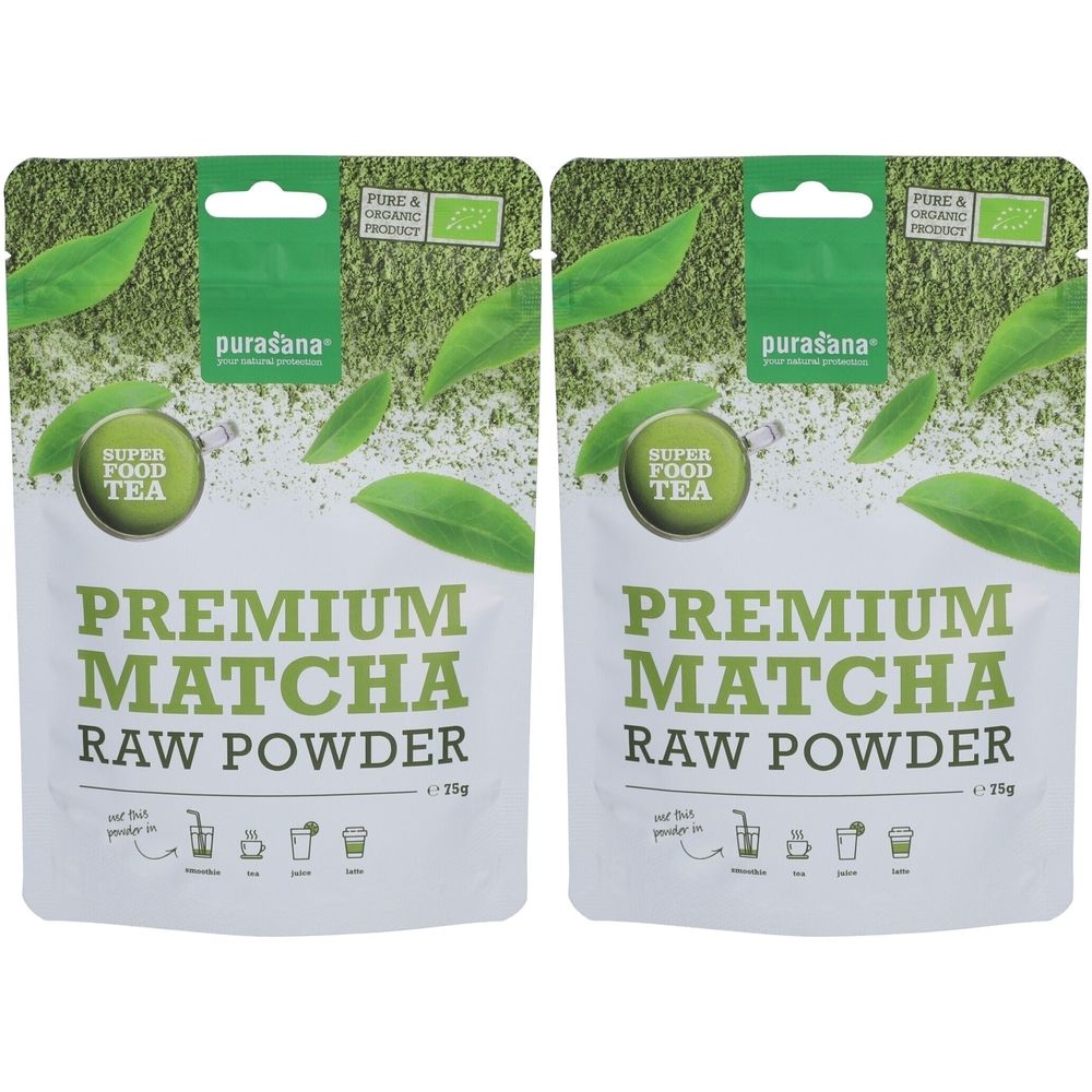 Deux sachets de poudre de matcha Purasana Premium. Emballage vert avec feuilles et logo. Certification bio.