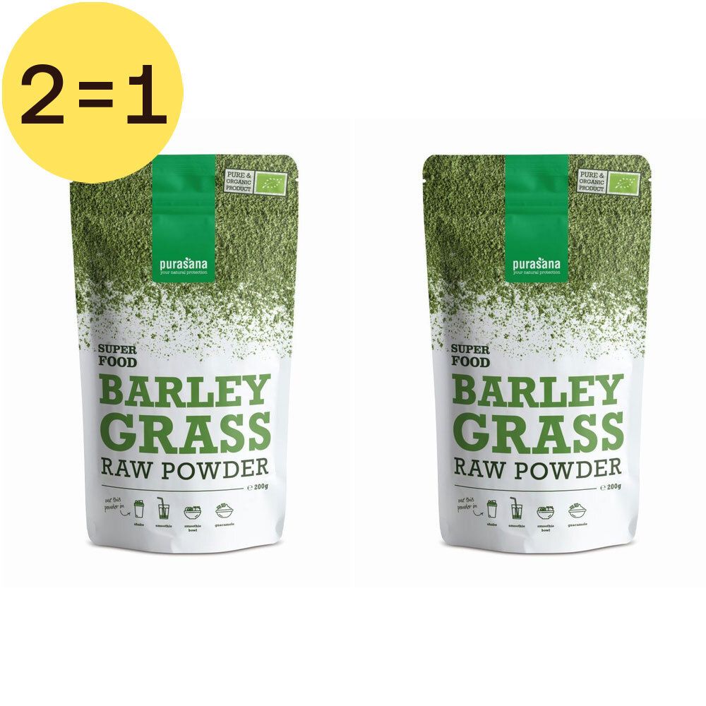 Twee zakken Purasana Barley Grass Raw Powder. Groen-witte verpakking met productnaam en bio-label. Gele cirkel met "2=1". 