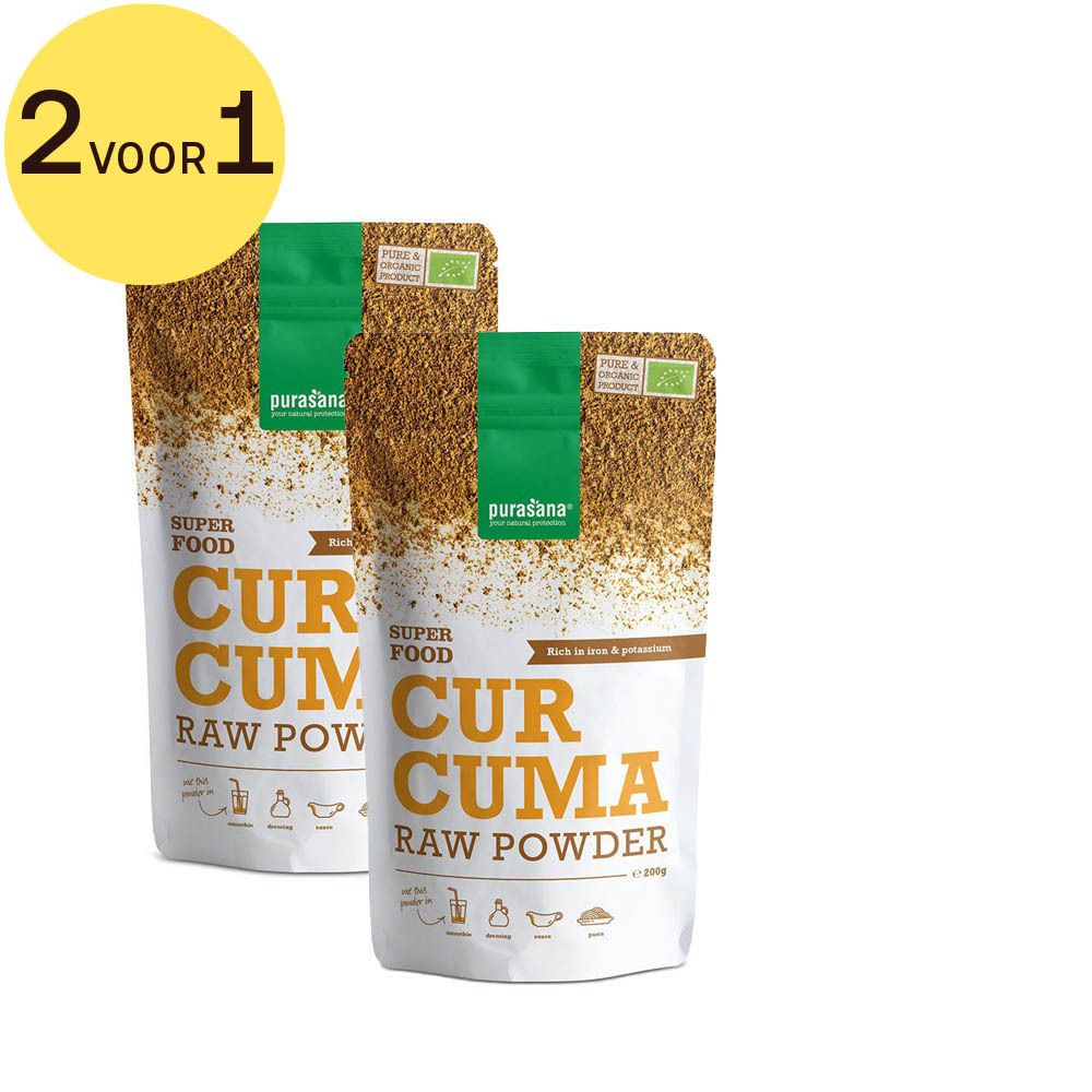 Twee zakken Purasana Curcuma poeder. Opschrift '2 voor 1'. Bio-label. 'Superfood', 'Curcuma Raw Powder'.