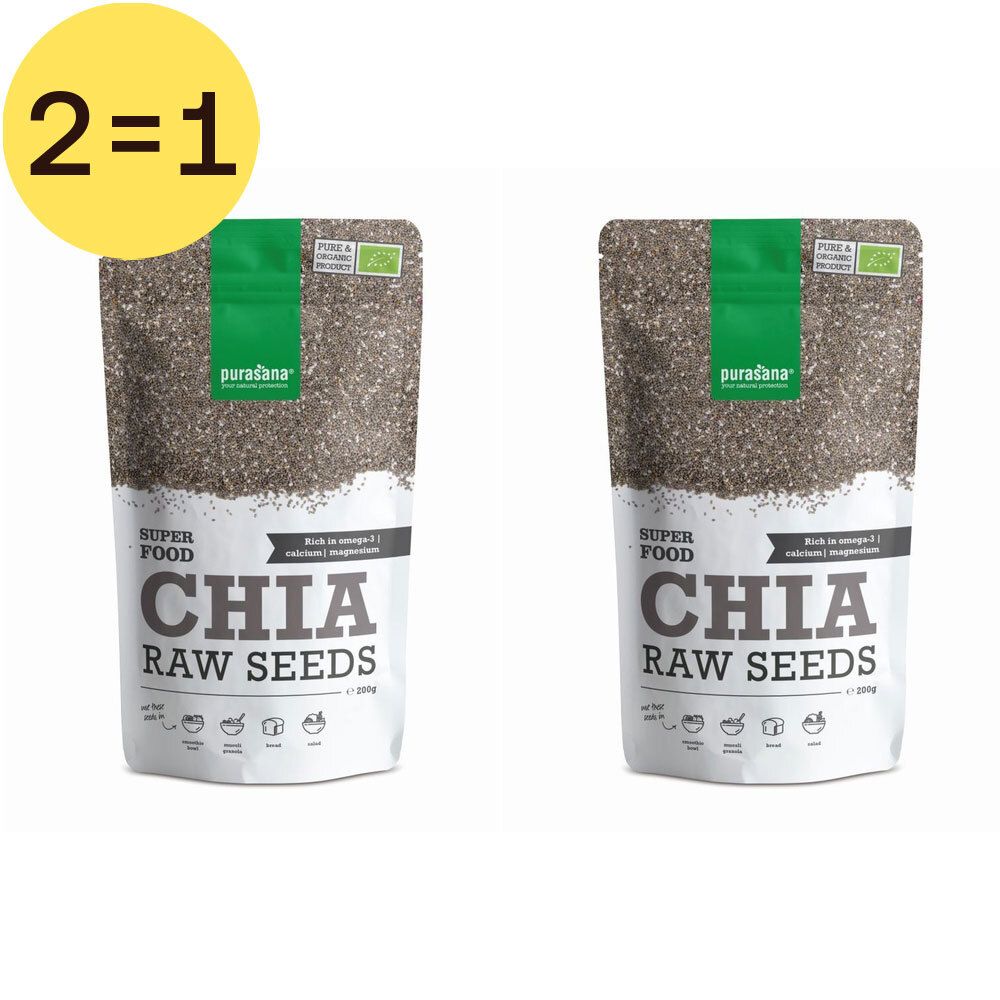 Twee zakken chiazaad, merk Purasana. Opschrift "Chia Raw Seeds". Geel label met "2=1".