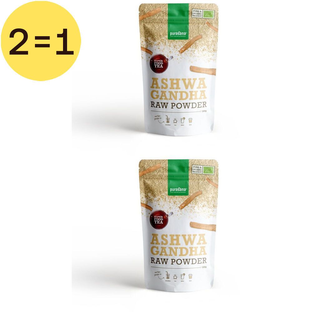 Twee zakjes Ashwagandha poeder. Opschrift: Ashwagandha Raw Powder. Bio-label. Gele cirkel met "2=1". 