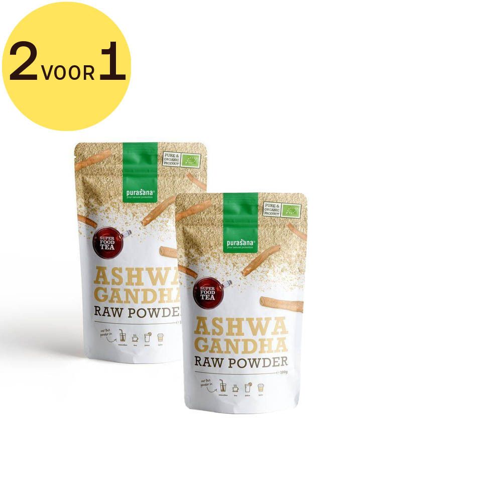 Twee zakjes Ashwagandha poeder. Opschrift: Ashwagandha Raw Powder. Bio-label. Gele cirkel met "2 voor 1". 