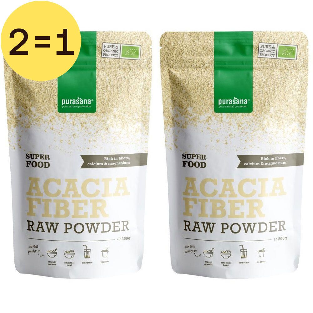 Twee zakjes Purasana Acacia Fiber Raw Powder, superfood. Opschrift: Rijk aan vezels, calcium & magnesium. Bio-keurmerk.